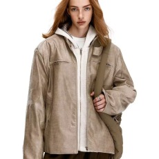 批发美式复古<b class='q'>皮衣</b><b class='q'>外套</b>男女春季潮牌宽松设计痞帅工装夹克机车有垫肩