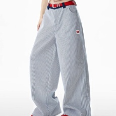 批发条纹刺绣爱心<b class='q'>牛仔裤</b>春夏十八先生宽松垂感休闲裤女男阔腿拖地裤