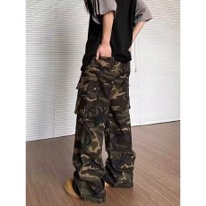 批发牛仔<b class='q'>工装裤</b>复古新一派迷彩高街宽松直筒大口袋裤子男<b class='q'>女</b>高腰裤