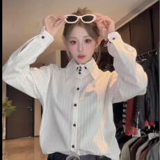批发条纹纽扣长袖衬衫<b class='q'>男</b>女款设计感国风衬衣2026年春季新上衣情侣