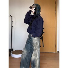 批发韩蓝色连帽<b class='q'>卫衣</b><b class='q'>外套</b>女早秋季2025年新款宽松显瘦百搭气质运动上衣