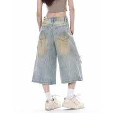 批发美式复古夏季新款破洞牛仔短裤男女水洗宽松痞帅七分裤潮