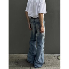 批发美式vibe高街小众原创复古水洗蓝流苏<b class='q'>破洞</b>牛仔裤微喇裤脚毛边长裤