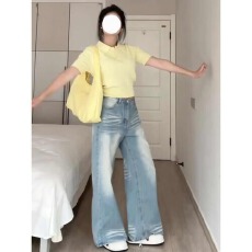 批发浅蓝色阔腿牛仔裤女秋季新款大码<b class='q'>胖</b>mm<b class='q'>宽松</b>梨形身材显瘦垂感直筒裤