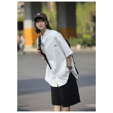 批发日系叠穿纯色<b class='q'>短袖</b>衬衫男<b class='q'>女</b>夏季新款Cityboy简约休闲白色工装衬衣