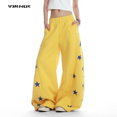批发纯棉复合原版做法<b class='q'>春</b>秋抽绳高腰口袋直筒裤星星运动阔腿休闲裤女