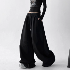 批发纯棉复合原版折痕阔腿运动裤女<b class='q'>春</b>秋高腰直筒宽松休闲卫长裤子