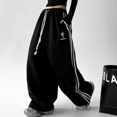 批发纯棉复合原版拉杆宽松阔腿休闲裤男女<b class='q'>春</b>秋卫裤小众设计感裤子潮