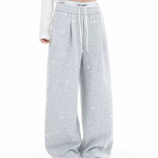 批发华棉印花卫裤满印十八休闲裤女<b class='q'>春</b>秋直筒简约阔腿宽松运动卫裤子