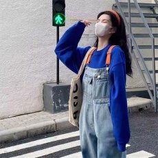 批发小众乔小主撞色潮牌<b class='q'>牛仔</b>背带裤女夏季宽松美式直筒工装吊带<b class='q'>连体裤</b>