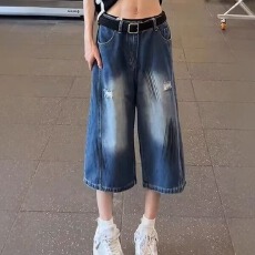 批发美式复古水洗闪电纹弯刀牛仔短裤男女夏季宽松阔腿七分裤潮牌情侣