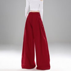 批发中国红窄版阔腿裤<b class='q'>女</b>夏季高腰复古垂感直筒休闲裤高级感系带<b class='q'>西装</b>裤