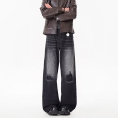 批发美式复古微喇<b class='q'>牛仔裤</b>男女春秋季破洞设计感弯刀裤子窄版直筒长裤