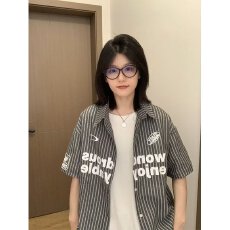 批发新款潮牌夏季条纹短袖<b class='q'>衬衫</b>男女宽松百搭休闲时尚情侣<b class='q'>衬衣</b>