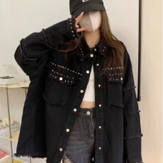 批发春秋金属朋克设计感牛仔外套男<b class='q'>女</b>国潮牌高街毛边黑色宽松<b class='q'>夹克</b>情侣