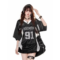 批发美式复古拼接白色V领蕾丝正肩短袖t恤女夏季新款宽松运动<b class='q'>情侣</b><b class='q'>上衣</b>