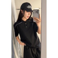 批发太空棉亨特领前卫短袖T恤女男夏季宽松设计感半袖<b class='q'>情侣</b><b class='q'>休闲</b>上衣