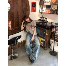 批发美式潮乐邦复古撞色圆领体恤女夏季短袖休闲套头百搭显瘦<b class='q'>情侣</b><b class='q'>上衣</b>