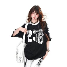 批发纯棉夏季女短袖时尚潮酷宽松T恤圆领<b class='q'>中长款</b>嘻哈爵士跳舞上衣潮