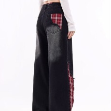 大码胖MM美式街头蝴蝶结格纹拼接牛仔裤女秋季新款直筒高腰长裤子