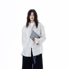 批发美式复古小众休闲条纹白色长袖衬衫男女宽松慵懒风衬衣<b class='q'>外套</b>