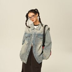 批发美式复古蓝色水洗<b class='q'>牛仔</b>外套胖莹莹大码女装2026春宽松百搭<b class='q'>夹克</b>上衣