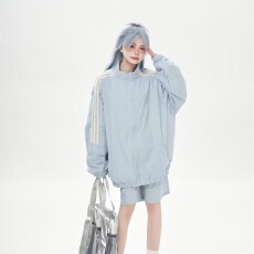 批发美潮<b class='q'>街头</b>拼接撞色立领拉链开衫夹克情侣休闲运动短裤套装