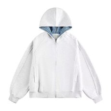 批发<b class='q'>开衫</b>揭潮坊<b class='q'>卫衣</b>女春秋款美式重磅格子拼接连帽休闲上衣服夹克外套