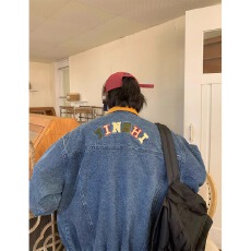 批发美式几何潮流外套上衣男女春秋街头情侣运动休闲宽松长袖<b class='q'>牛仔</b>外套