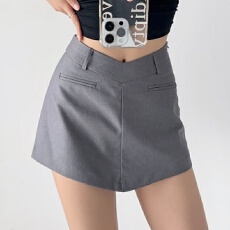 批发夏季哆麦纯色侧拉链V腰西装半身裙<b class='q'>女</b>休闲百搭防走光裤裤裙A字短裙