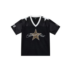 批发美式高街V领短袖<b class='q'>T</b><b class='q'>恤</b>男女装夏季宽松休闲运动透气五角星刺绣上衣