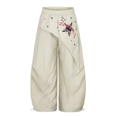 原版塔丝隆复合星星字母屁帘拼接弯刀伞兵裤女爵士舞褶皱阔腿裤