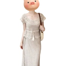 批发韩系<b class='q'>镂空</b>钩花短袖<b class='q'>针织衫</b>女装夏季设计感小众叠穿系带流苏罩衫上衣