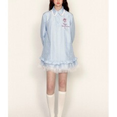 批发蓝色条纹衬衫<b class='q'>连衣裙</b>子女初夏2025年新款小个子花边娃娃领短裙夏季