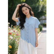 批发设计感撞色拼接衬衫连衣<b class='q'>裙</b>女夏季新款韩版宽松显瘦不规则拼接长<b class='q'>裙</b>