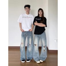 批发美式复古高腰破洞牛仔裤女夏季高街设计感宽松显瘦垂感阔腿拖地裤