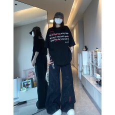 批发美式复古刺绣拼接重工亚比做旧微喇牛仔裤小众阔腿长裤高街裤子