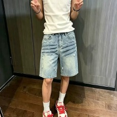 批发cleanfit美式闪电纹破洞牛仔<b class='q'>短裤</b>男女设计感小众潮水洗阔腿五分裤