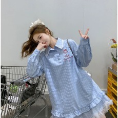 批发蓝色条纹衬衫连衣裙子女初夏2025年新款小个子花边娃娃领<b class='q'>短裙</b>夏季