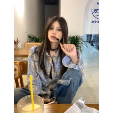 批发美式复古黄蓝色格子长袖衬衫女春秋夏季宽松休闲中性bm衬衣<b class='q'>外套</b>