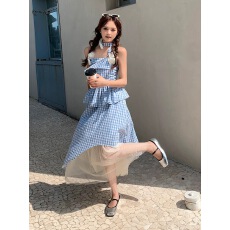 批发法式度假格子套装女夏季2025新款立体花朵吊带不规则半身裙<b class='q'>两件套</b>