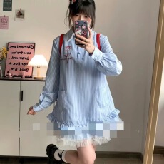 批发蓝色条纹<b class='q'>衬衫</b>连衣裙子女初夏2025年新款小个子花边娃娃领短裙夏季