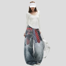 批发国潮牛仔领美式3D打印领带印花<b class='q'>牛仔裤</b>宽松阔腿长裤子男女夏季裤子