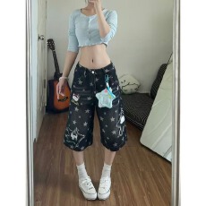 批发黑色星星印花贴布七分牛仔<b class='q'>裤</b>女夏季新款辣妹松紧腰刺绣小狗中<b class='q'>裤</b>潮