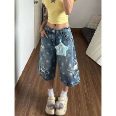 批发星星印花贴布七分牛仔<b class='q'>裤</b>女夏季美式复古刺绣小狗松紧腰高腰中<b class='q'>裤</b>潮