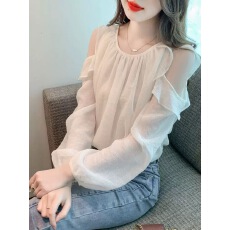 批发法式挂脖露肩挖肩灯笼袖长袖上衣女秋季设计感小众荷叶边雪纺衬衫