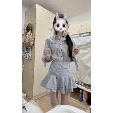 批发2025新款学院风miu系蓝色衬衫<b class='q'>连衣裙</b>子女春夏季气质收腰百褶短裙