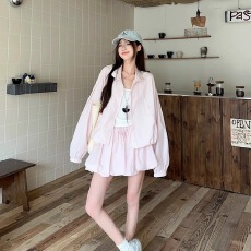 批发粉色短款上衣花苞裙套装女夏季甜美穿搭一整套防晒衣<b class='q'>半身裙</b>两件套