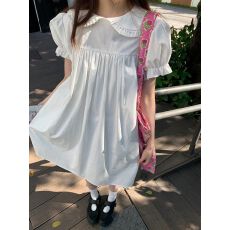 批发白色娃娃领泡泡袖<b class='q'>短袖</b>连衣裙女夏季小个子减龄宽松显瘦A字裙短裙
