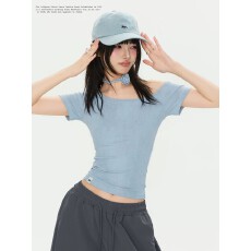 批发人棉莫代尔街舞新视觉极光烫钻纯欲性感斜肩<b class='q'>短袖</b>做旧爵士上衣女
